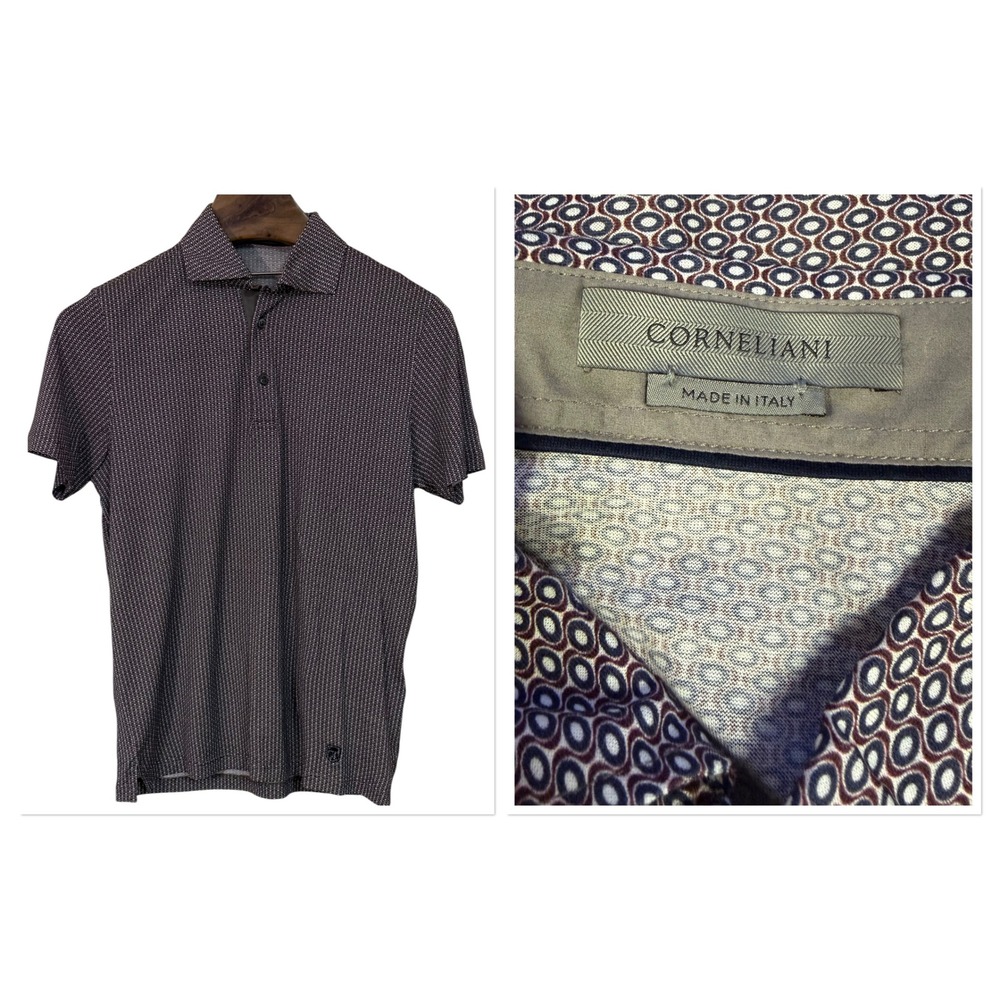 Corneliani Mens Blue Geo Micro Print Cotton Polo Shirt Luxury Lightweight Work L